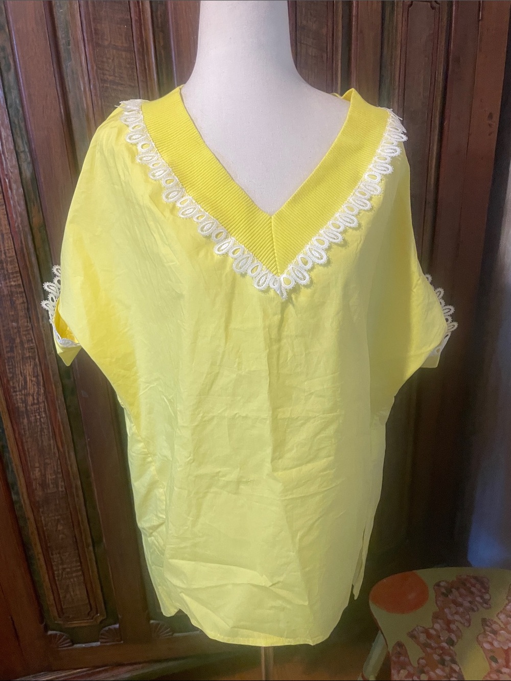 iRoo Yellow V-Neck Lace-Trim Women's Blouse
